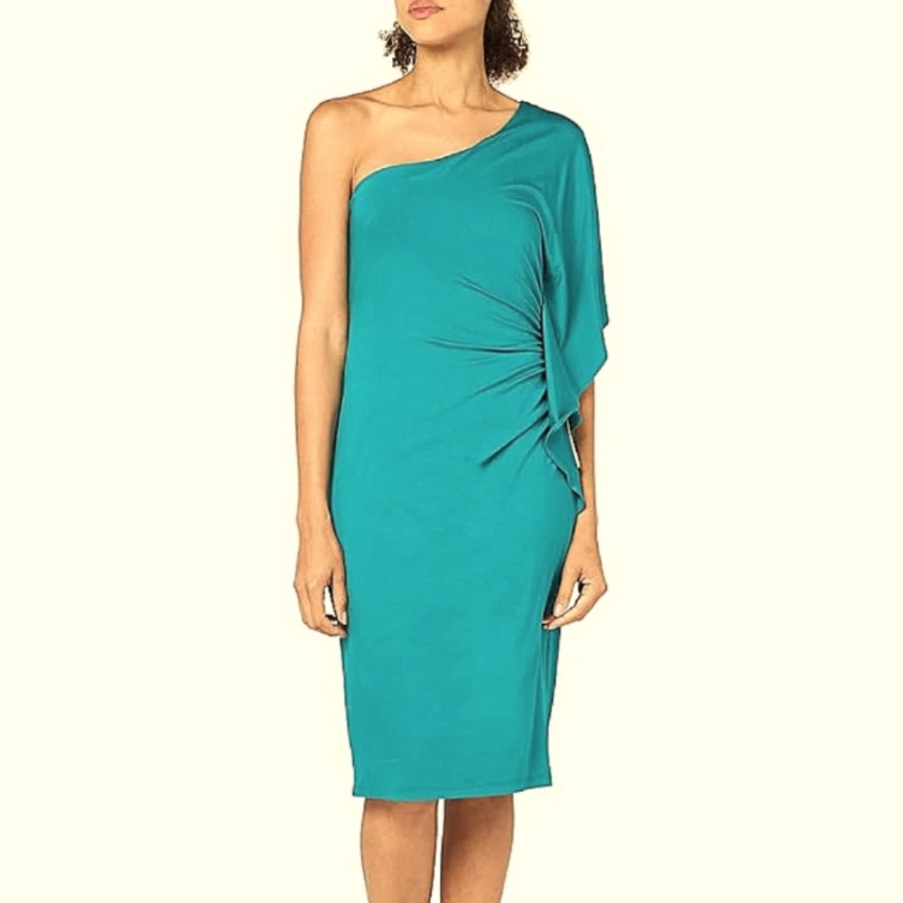 Trina Turk One Shoulder Pull-on Jersey Sheath Dress Women's Sz Med Teal